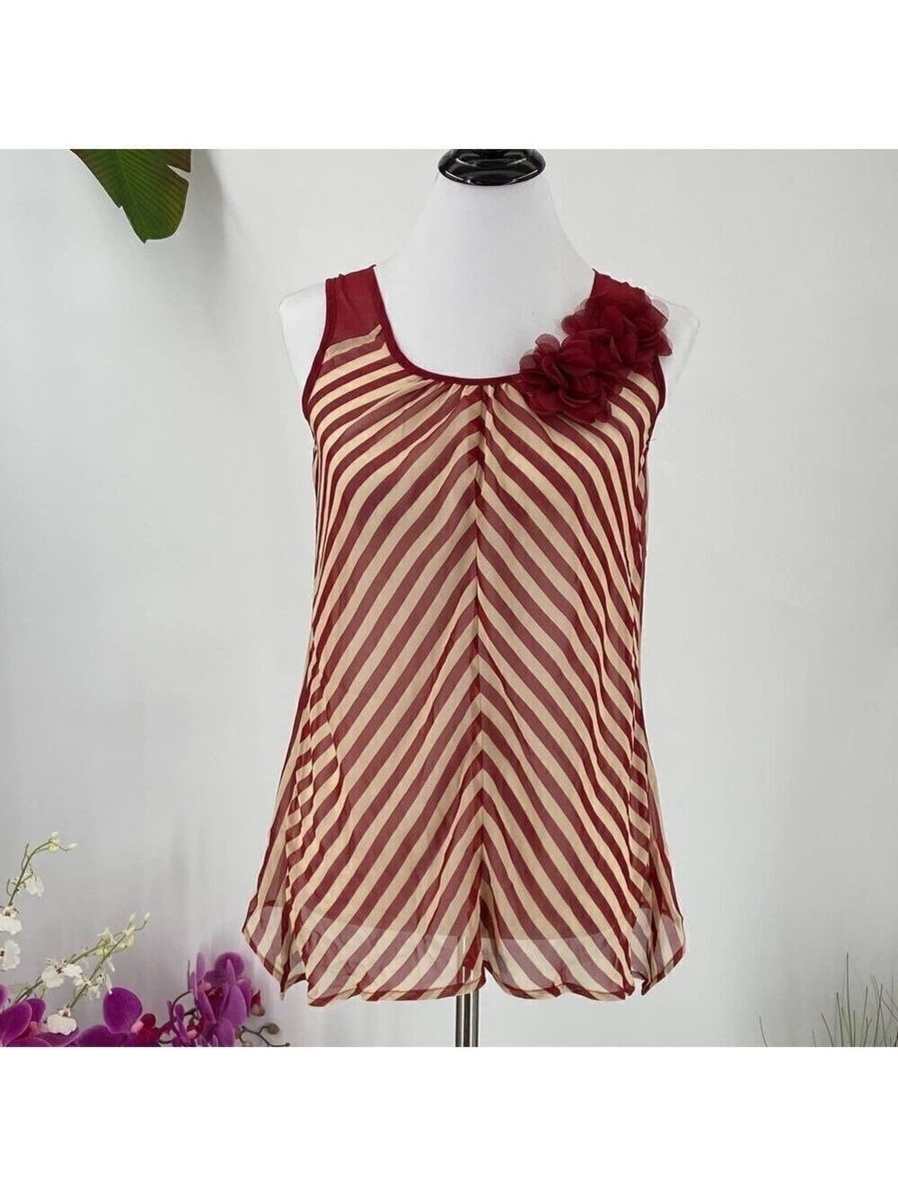 Red/Cream Striped Shear Tank Top Floral Detail Small